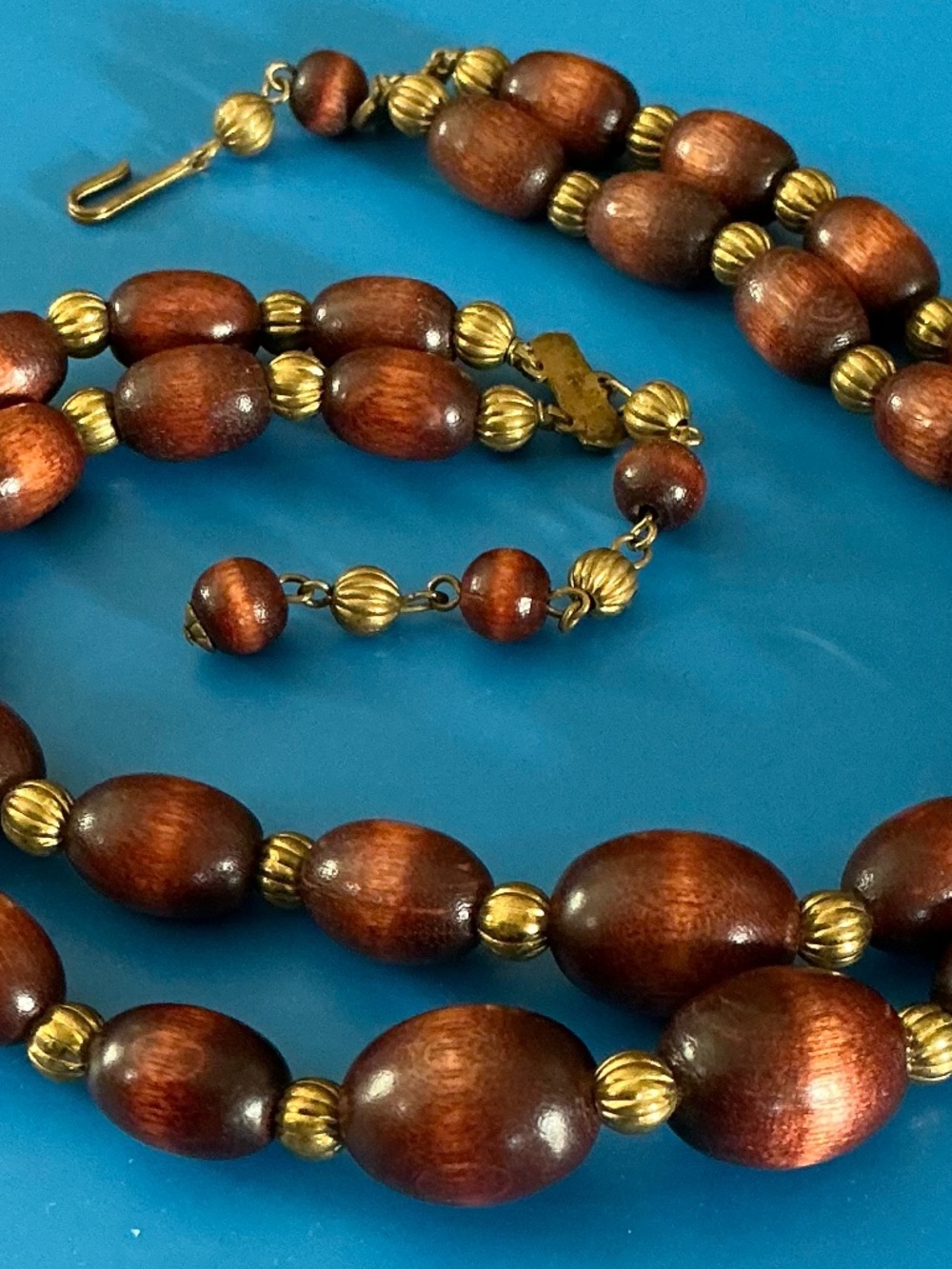 Vintage 1960s Double Strand Wood Bead Necklace Adjustable Statement Choker - Picture 6 of 15